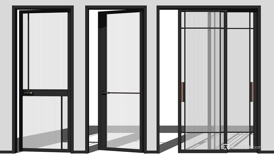 Modern Swing Door Design With Black Frame Glass Panel And Different Opening States 3d model