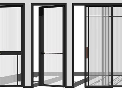 Modern Swing Door Design With Black Frame Glass Panel And Different Opening States 3d model