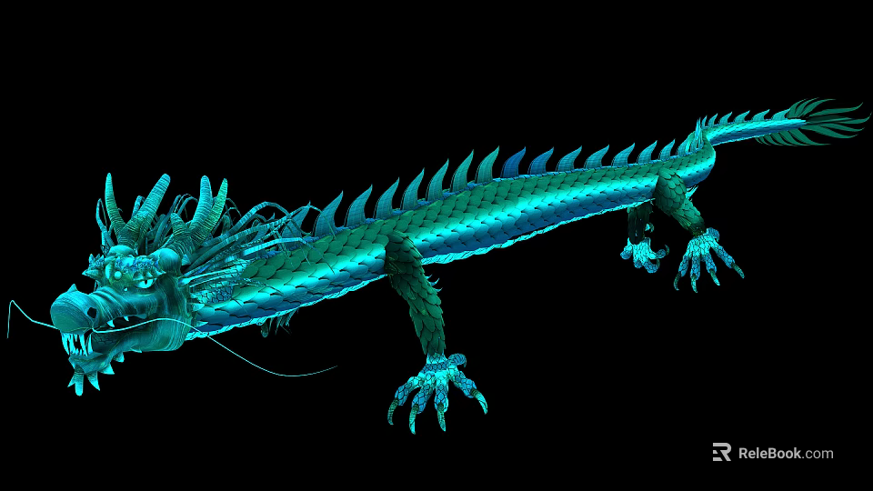 Detailed Traditional Glowing Dragon Sculpture With Blue Scales And Sharp Claws 3d model 