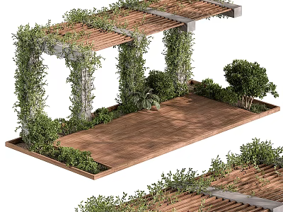 Outdoor Pergola With Climbing Vines And Wooden Deck Surrounded By Green Plants 3d model
