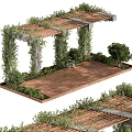 Outdoor Pergola With Climbing Vines And Wooden Deck Surrounded By Green Plants