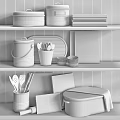 Organized Kitchen Utensils With Blue Storage Containers Metal Holder Wooden Cutting Board And Cookbooks