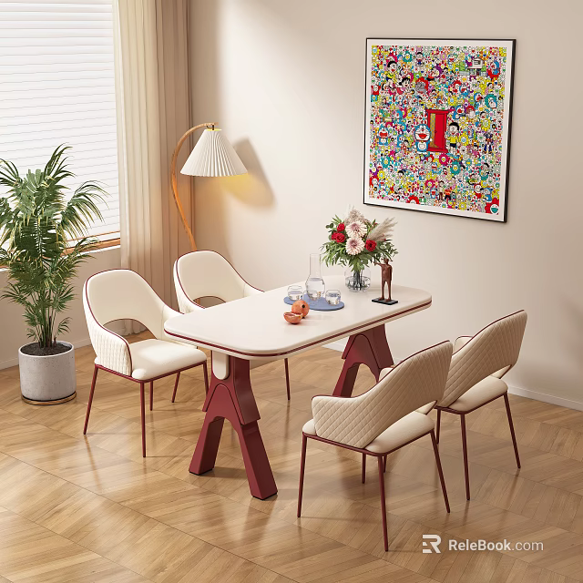 Dining Table Set With White Tabletop Red Legs Four Chairs Flower Bouquet And Floor Lamp 3d model 