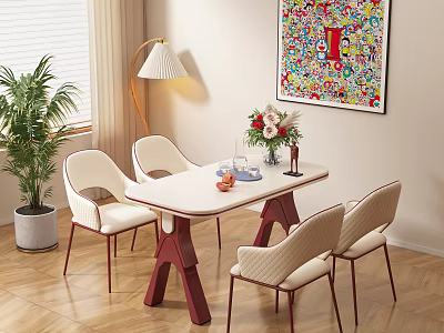 Dining Table Set With White Tabletop Red Legs Four Chairs Flower Bouquet And Floor Lamp 3d model