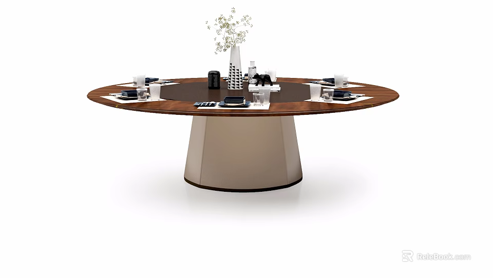 Round Brown Dining Table With Beige Conical Base Tableware Vase And White Flowers 3d model