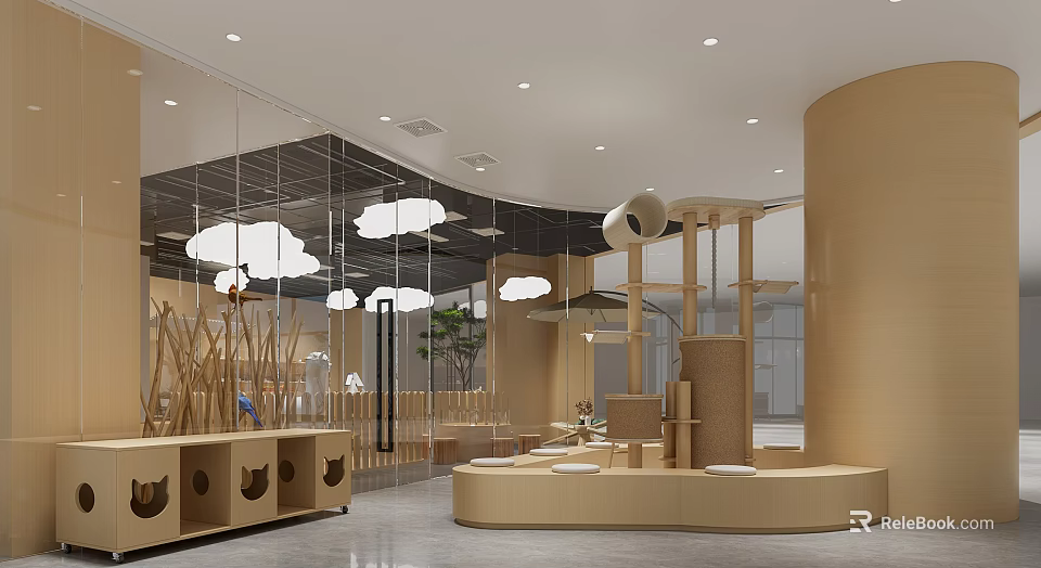 Modern Cat Themed Mall Store With Cloud Lights And Cat Trees 3d model