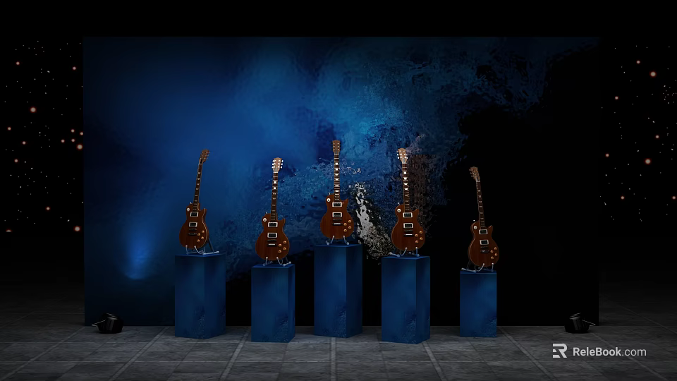 Check In For Music Event With Electric Guitars On Blue Display Stands Dark Blue Backdrop 3d model 