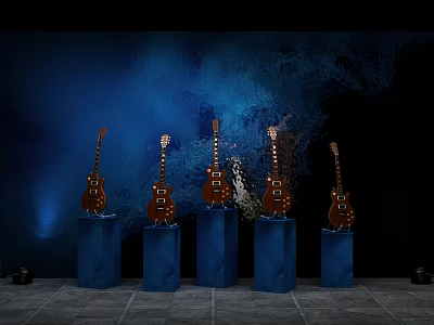 Check In For Music Event With Electric Guitars On Blue Display Stands Dark Blue Backdrop 3d model