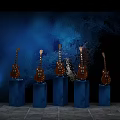 Check In For Music Event With Electric Guitars On Blue Display Stands Dark Blue Backdrop