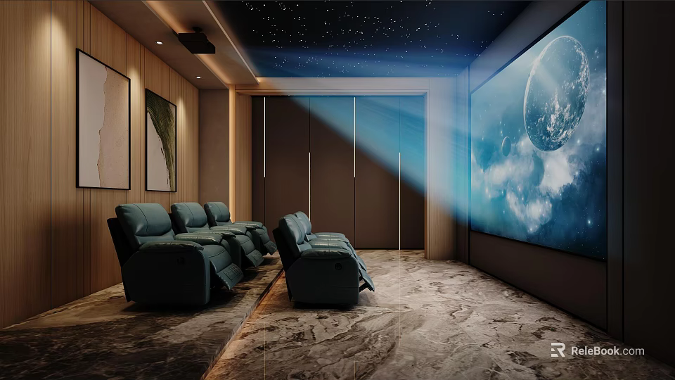 Home Theater With Reclining Chairs Large Screen And Starry Ceiling 3d model 