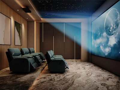 Home Theater With Reclining Chairs Large Screen And Starry Ceiling 3d model
