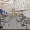 Modern Café Interior Design With Wooden Ceiling Large Windows And Comfortable Tables With Chairs