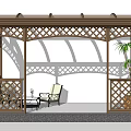 Outdoor Pergola With Lattice Design Comfortable Seating Furniture And Green Plants For Relaxation