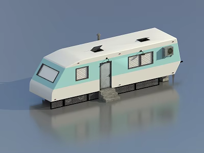 Modern White and Light Blue Mobile Home With Windows Door Steps and Roof Equipment 3d model