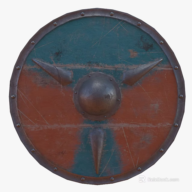 Medieval Teal And Red Shield With Metal Boss Spikes And Rivets Design 3d model 