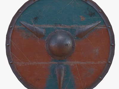Medieval Teal And Red Shield With Metal Boss Spikes And Rivets Design 3d model
