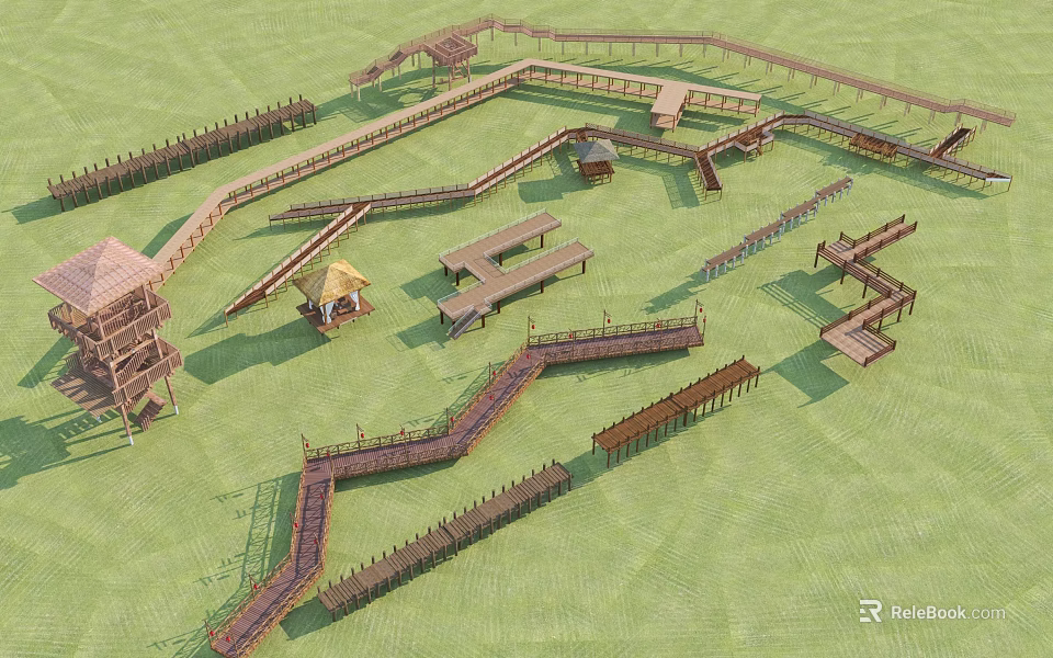 Wooden Road Facilities With Walkways Platforms and Railings in Scenic Outdoor Area 3d model 