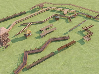 Wooden Road Facilities With Walkways Platforms and Railings in Scenic Outdoor Area 3d model
