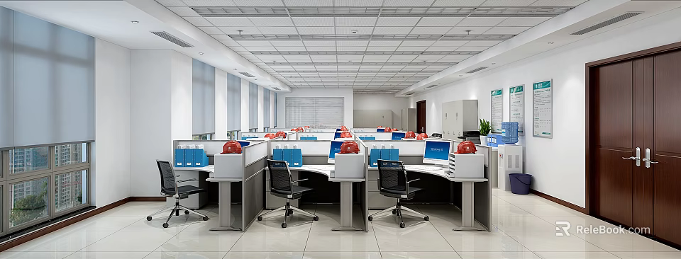 Modern Public Office Space With Cubicles Computers Office Chairs And Neat Layout 3d model