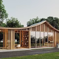 Modern Wooden Guesthouse Building with Curved Roof Large Glass Windows and Natural Surroundings