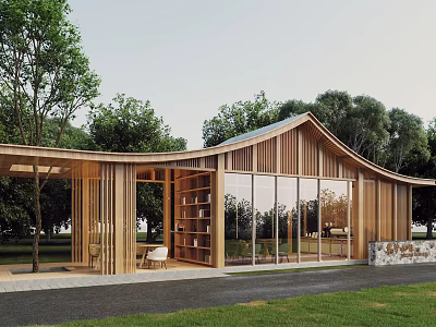 Modern Wooden Guesthouse Building with Curved Roof Large Glass Windows and Natural Surroundings 3d model