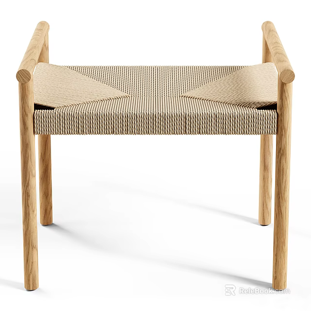 Modern Wooden Bench With Oak Wood Legs Woven Seat And Light Beige Cushions 3d model 