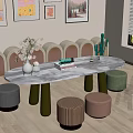 Oval Entertainment Table With Marble Top Green Legs Various Colored Stools Chair Wall Decorations
