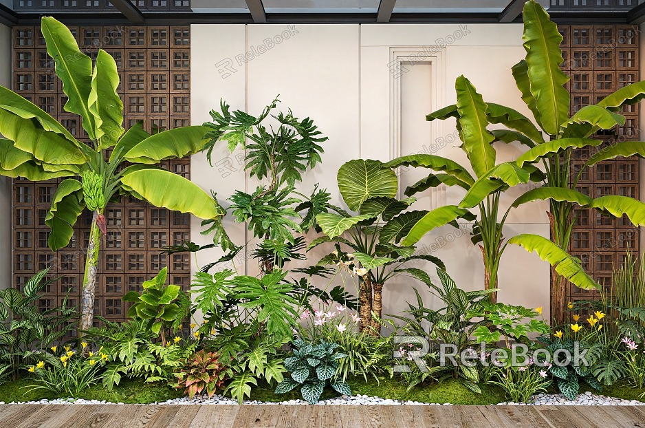 Modern indoor landscape landscaping green plants flowers spring feather banana tree plant combination plant pile model