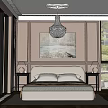 Modern Bedroom Interior With Large Bed Crystal Chandelier Decorative Painting And Bedside Lamps