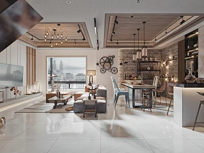 Modern Living Dining Room Interior With Open Concept Pendant Lights Sofa Dining Table And Chairs 3d model