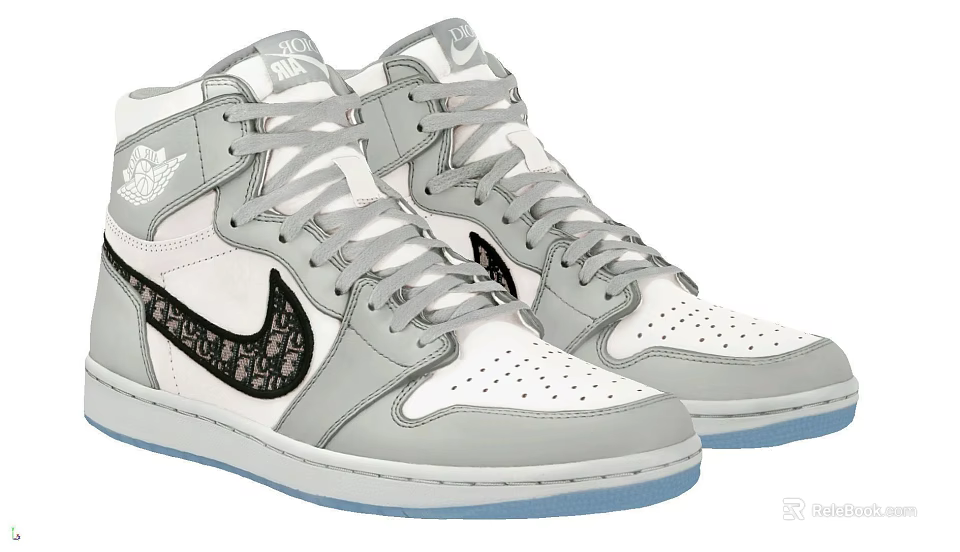 Stylish High Top White Gray Sneakers With Black Accents Gray Laces And Light Blue Sole 3d model 