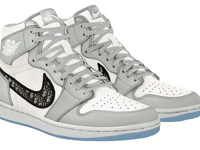 Stylish High Top White Gray Sneakers With Black Accents Gray Laces And Light Blue Sole 3d model