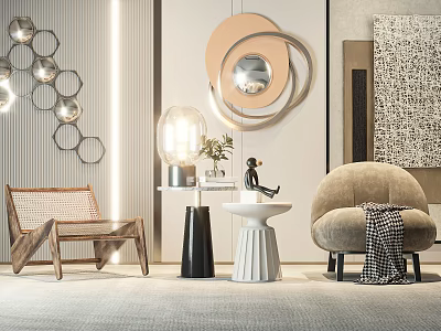 Comfy Leisure Chair In Modern Interior With Round Wall Decor Stylish Lighting And Side Table 3d model