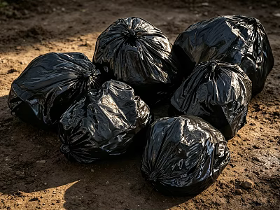 Black Garbage Bags Piled On Dirt Ground For Home Waste Management 3d model