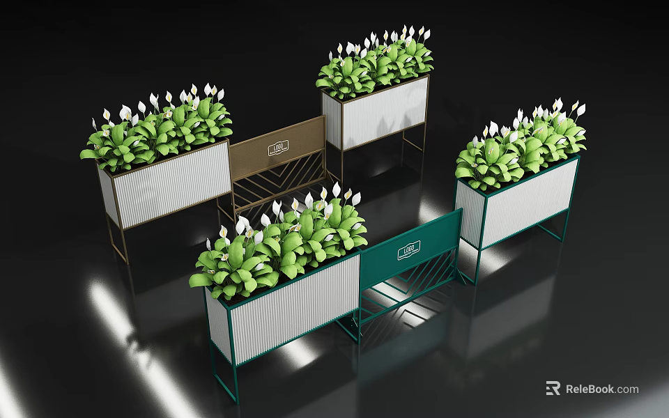 Modern Garden Planters With Green Metal Frames White Panels And Lush Greenery 3d model 