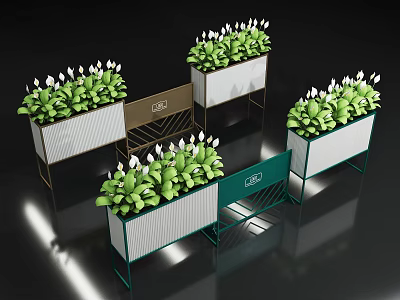Modern Garden Planters With Green Metal Frames White Panels And Lush Greenery 3d model