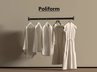 Poliform Stylish White Dresses And Beige Tops Hanging On Black Rack 3d model