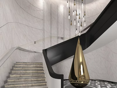 Hotel Corridor Featuring Modern Staircase Hanging Chandelier Golden Decor and Black White Patterned Floor 3d model