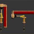 Red And Gold Cylindrical Mechanical Tools With Shiny Stands And Components
