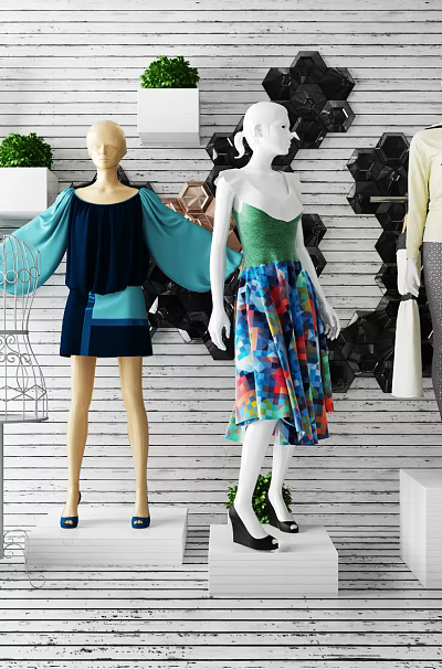 Fashion Mannequins Displaying Dresses And Tops With Green Plants And Hangers 3d model Fashion Mannequins Displaying Dresses And Tops With Green Plants And Hangers 3d model