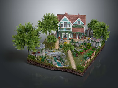 Two Story House With Red Roof Green Windows Lush Garden Trees Pathway And Small Bridge 3d model
