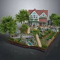 Two Story House With Red Roof Green Windows Lush Garden Trees Pathway And Small Bridge
