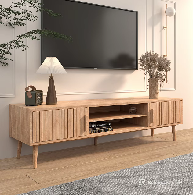 Light Wood TV Stand With Vertical Slat Doors Open Shelf And Decorative Items 3d model 
