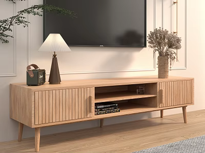 Light Wood TV Stand With Vertical Slat Doors Open Shelf And Decorative Items 3d model