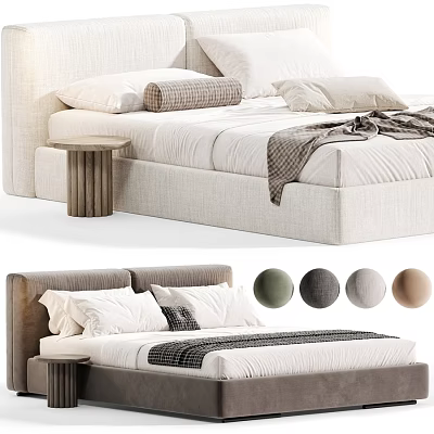 Modern Double Bed With Upholstered Headboard Pillows Throw Blanket And Nightstand Color Options 3d model