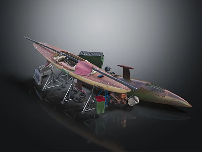 Streamlined Watercraft With Wooden Hull And Mounted Equipment On 3d model