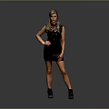 Stylish Woman In Black Dress With Lace Neckline And Black High Heels On Gray Background