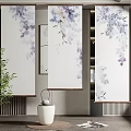 Vertical Paintings With Purple White Floral Patterns Near White Round Tea Table And Green Plant