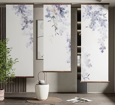 Vertical Paintings With Purple White Floral Patterns Near White Round Tea Table And Green Plant 3d model