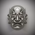 Silver Traditional Japanese Noh Mask With Intricate Carvings And Stern Expression